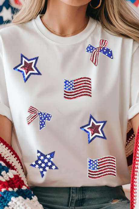 White Sequin Patriotic Elements Patched Round Neck Tee