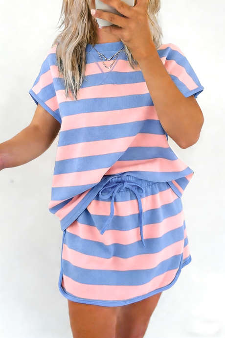 Pink Stripe Dolman Tee Snøring Skort Athletic 2stk Sett