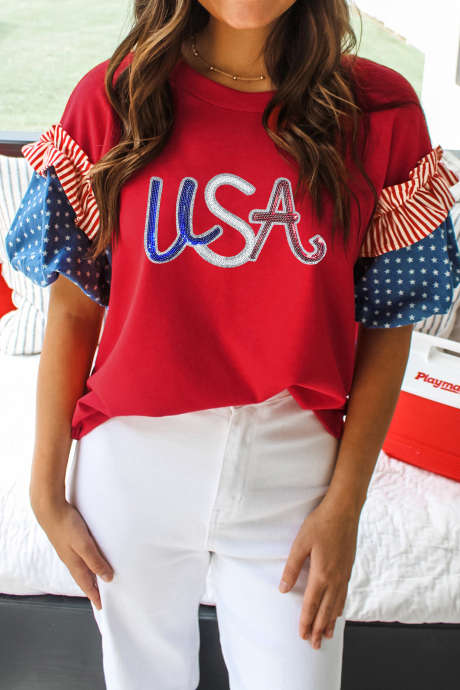 Fiery Red Sequin USA Lettering Patriotic Contrast Splicing Sleeve Top