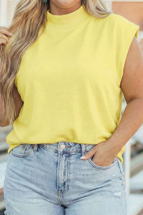Yellow Plus Size High Neck Cap Sleeve Top