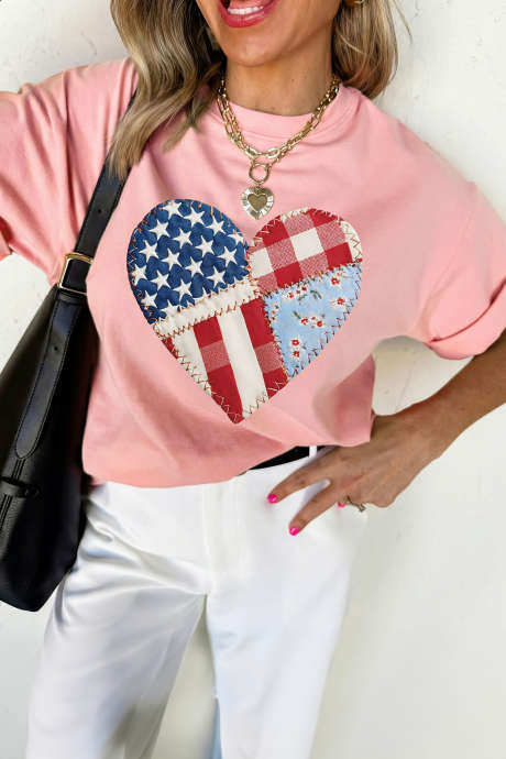 Pink Patriotic Heart DTG Faux Patchwork Printed Tee
