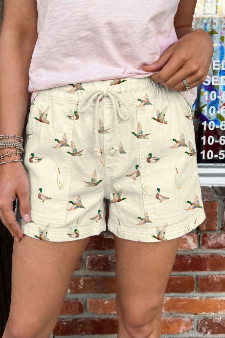 Pantaloni scurți din denim bej cu imprimeu Wild Duck Mallard și șnur