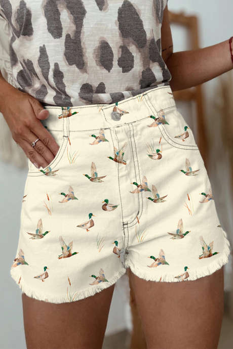 Pantaloni scurți din denim bej Wild Duck Mallard cu talie înaltă și model franjurat