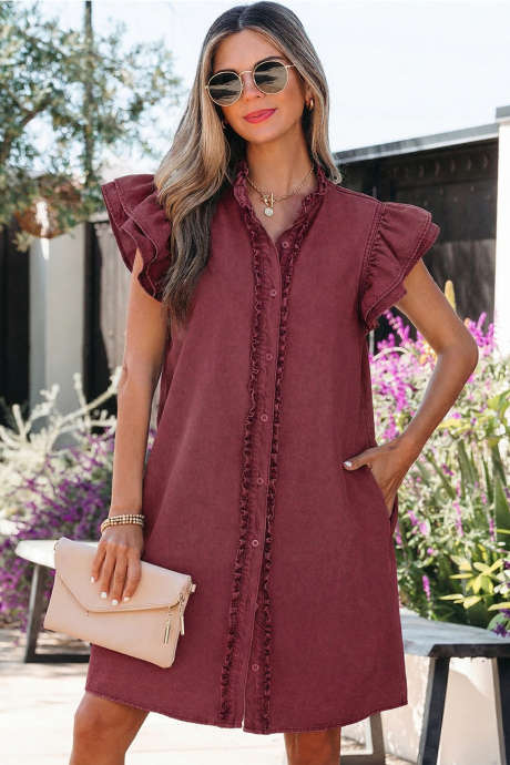 Red Sandalwood Frilled Detail Button Down Ruffle Short Sleeve Denim Mini Dress LC7861196-P3017