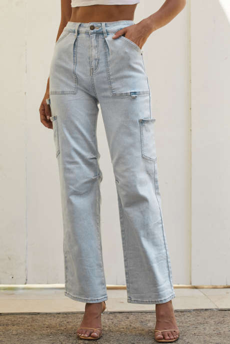 Pantalones vaqueros rectos estilo urbano Y2K con múltiples bolsillos, color azul cielo LC7872677-4