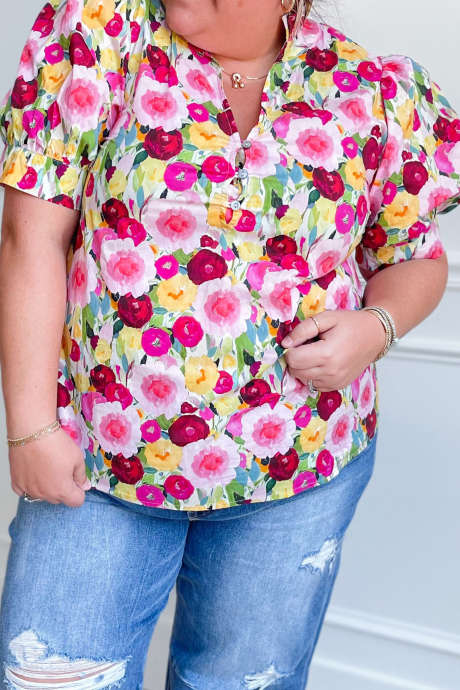 Pink Plus Size Flower Print Split V Neck Puff Short Sleeve Top