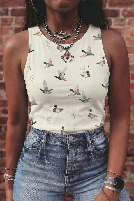 Camiseta sin mangas beige con estampado de pato ánade real
