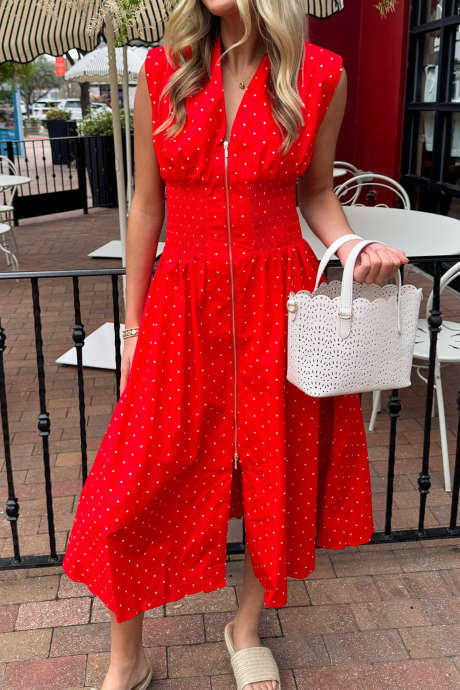 Rød, polkaprikkete midikjole med glidelås og rynkete utsving
