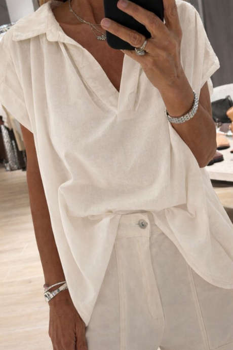 Beige V-Neck Short Sleeve Longline Relaxed Blouse