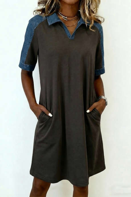 Carbon Grey Color Block Denim Patchwork Polo Collar T Shirt Shift Dress