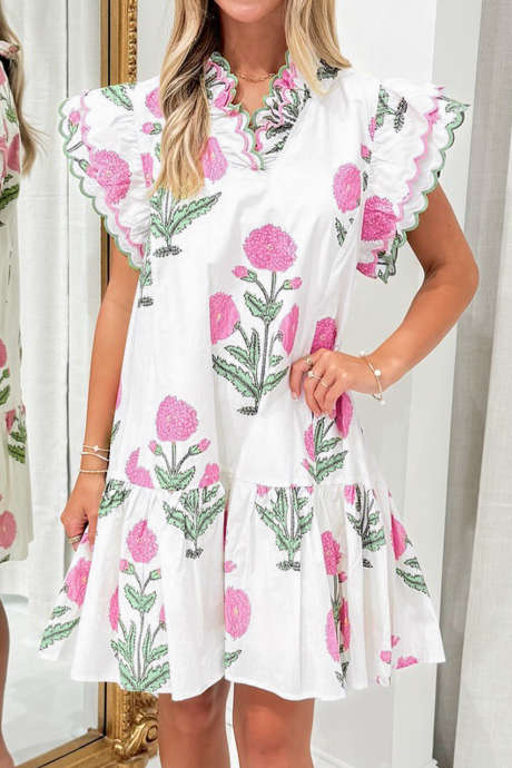 Hvit villblomsterprint med kamskjellbroderikant og V-hals og lav midje