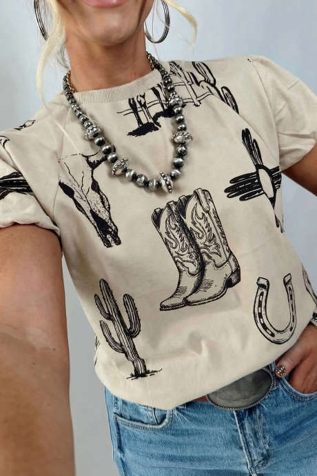 Tricou bej cu imprimeu retro western