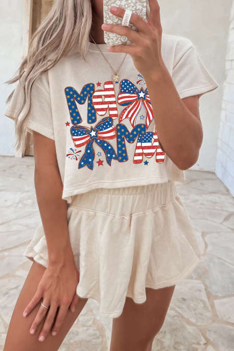 Beige Coquette Bow Patriotic MAMA Printed Crop Top Ruffle Skort-sett