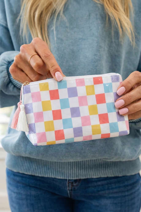 Rød rutete vinyl vanntett sminkeveske med dusk og glidelås