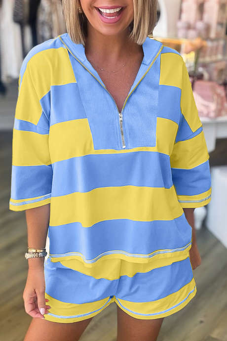 Gul stripete sømdetalj med halv glidelås og casual shorts, sett med 2 deler