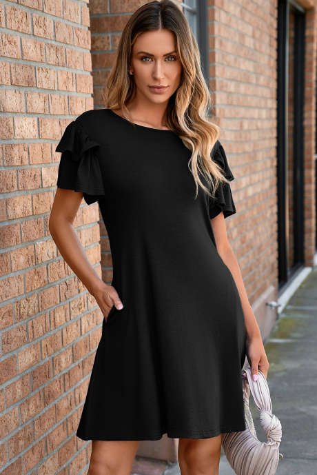 Black Solid Color Round Neck Double Ruffle Short Sleeve Dress