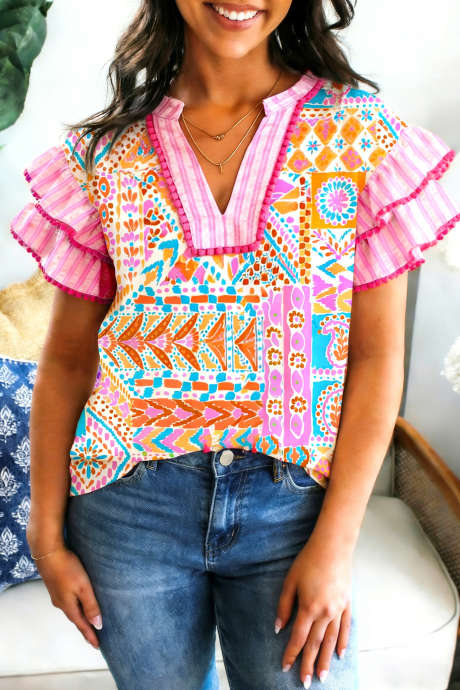 Rose Boho blandet trykk kontrastkant stripete lappeteppe lagdelt kortermet bluse