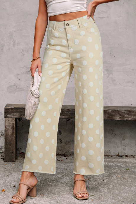 Khaki polkadotprintede shift-jeans med rå fald