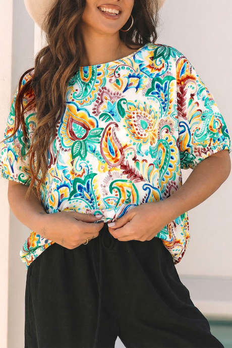 Grønn Boho Paisley Blomsterprintet Bluse med Puffermer