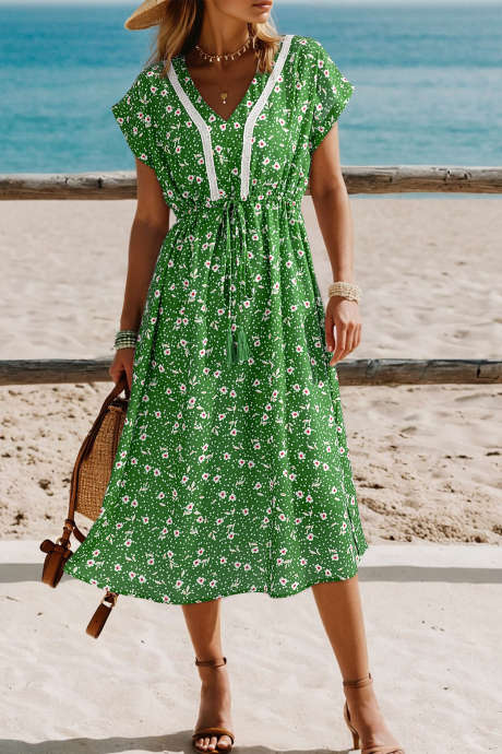 Grønn abstrakt trykk brodert kant V-hals snøring høy midje løs feriekjole