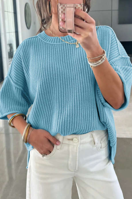 Mist Blue Exposed Seam Detail Half Sleeve Loose Sweater LC2771635-P204