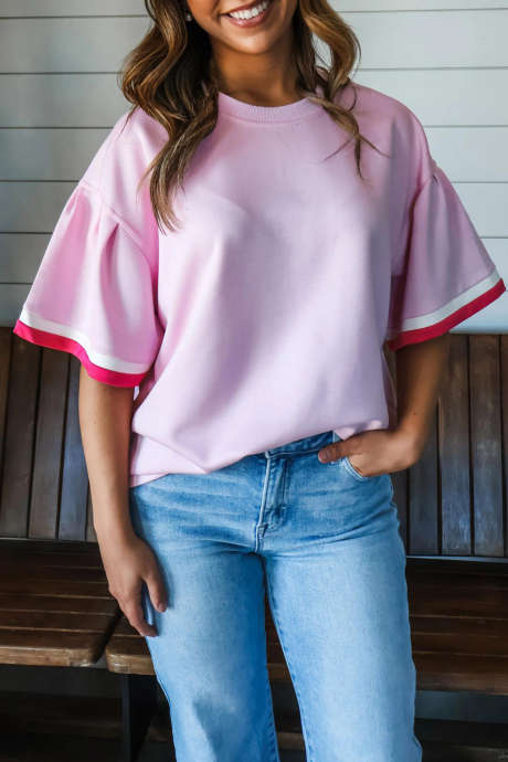 Pink Short Sleeve Blouse with Colorblock Cuffs