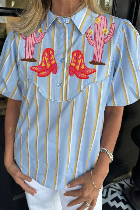 Sky Blue Stripe Western Cactus Boots Embroidered Half Button Shirt