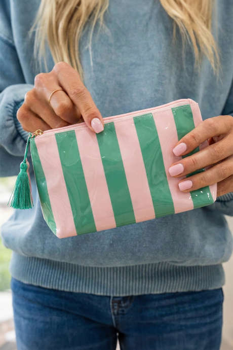 Donkergroene gestreepte vinyl waterdichte make-uptas met kwastje en ritssluiting