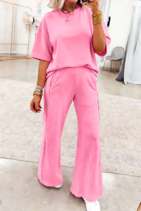 Pose Rosa Ensfarget Oversized T-skjorte med Lommer og Avslappet Bukser, 2 stk. Antrekk