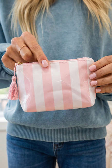 Light Pink Striped Vinyl Waterproof Tassel Zipper Makeup Bag BH031638-P1010
