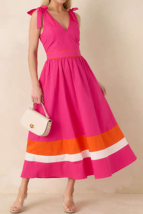 Rose Red Tie Shoulder V-Neck Colorblock A-Line Midi Dress