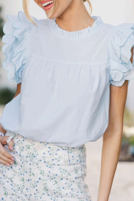 Beau Blue Scalloped Flutter Sleeve Blouse