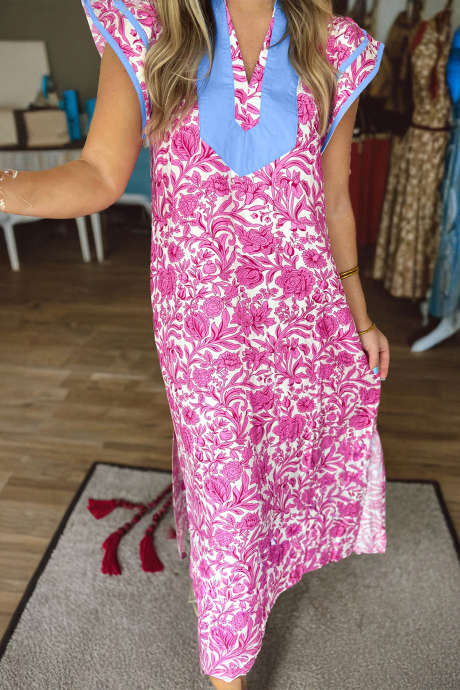 Pink Floral Print Color Block Patchwork V Neck Short Sleeve Midi Dress