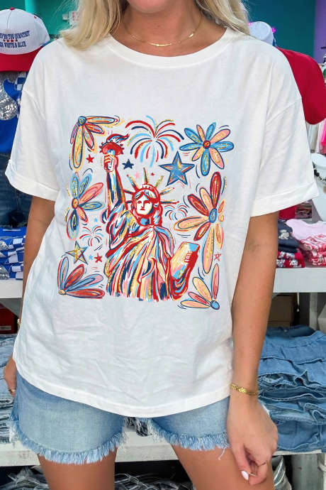 White Patriotic Statue of Liberty Fireworks Printed T Shirt LC25231942-1