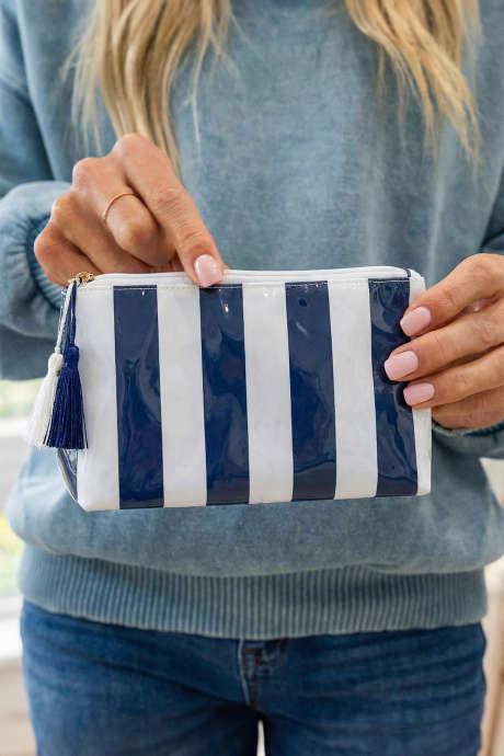 Marineblå stripete vinyl vanntett dusk glidelås sminkeveske