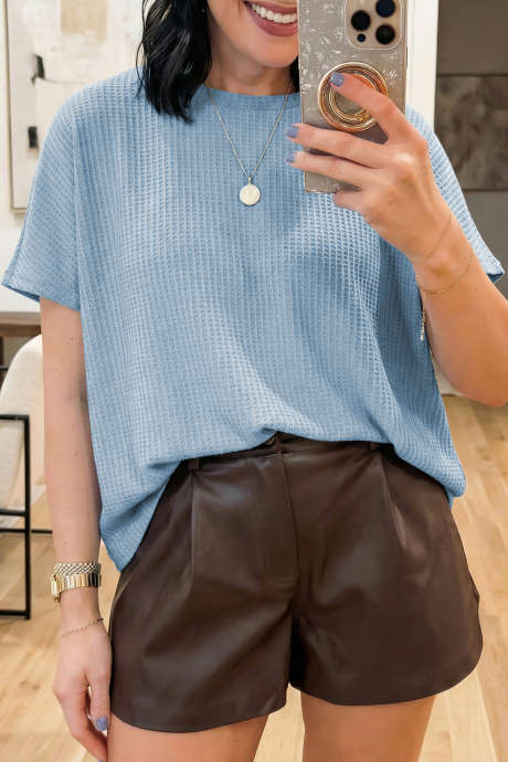 Beau Blå Vaffelteksturert Strikket Dolman Kortermet Løs Topp