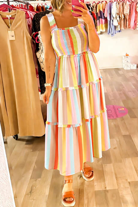 Grønn Stripete Mønster Rynkete Volanglagd Maxikjole