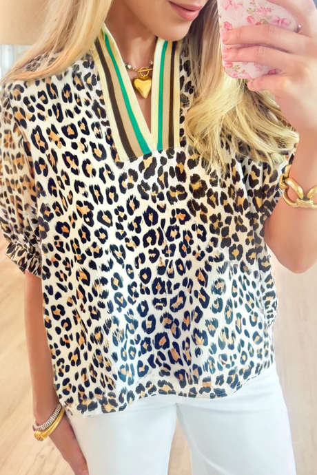 Khaki luipaardkleurblok contrasterende gestreepte V-hals halflange losse blouse