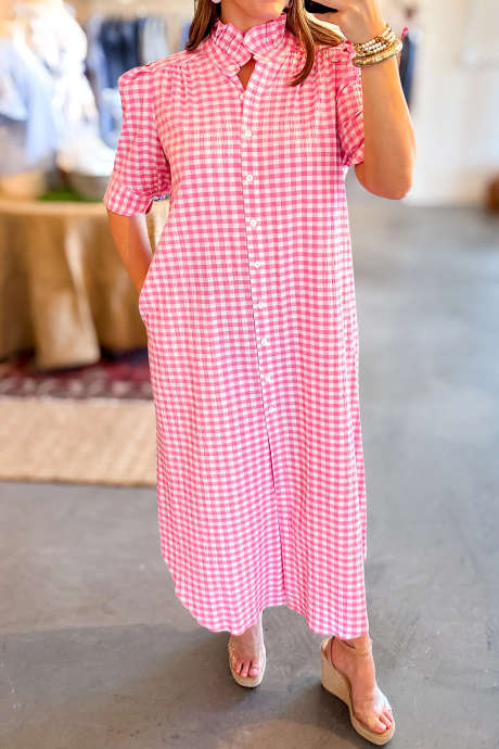 Pink Short Sleeve Button Down Gingham Midi Shirt Dress