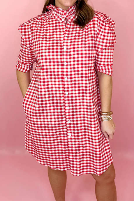 Rød gingham minikjole med puffermer og knapper