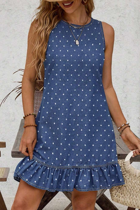 Blå polkadotprint knappedetalj ermeløs denim minikjole med rysjer
