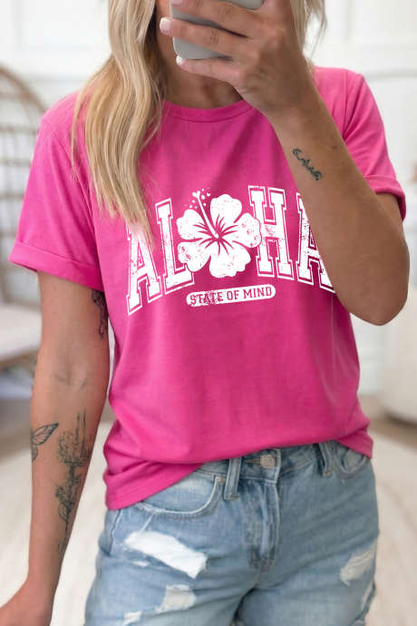 Camiseta estampada con flores ALOHA STATE OF MIND en color rojo rosa LC25231948-P6