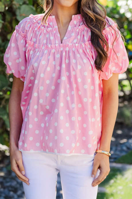 Pink Polka Dot/ Floral Print Frilled Puff Sleeve Blouse