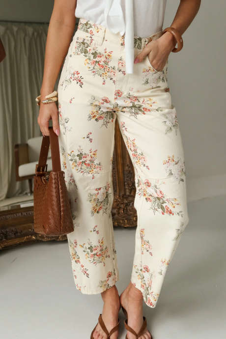 Beige blomsterprint jeans med høy midje og tønneben