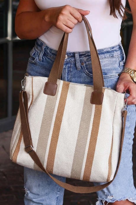 Hvit stripete konvertibel tote-veske i lerret