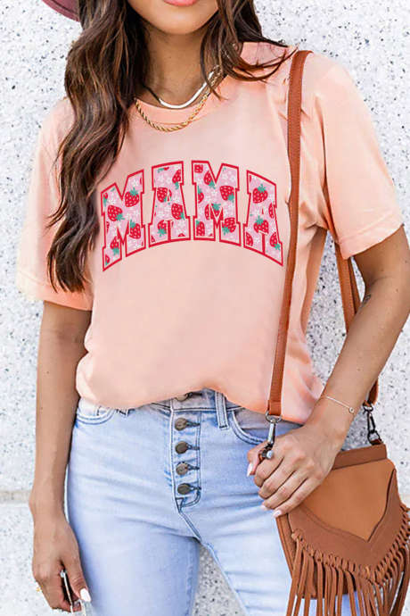 Pink Floral Strawberry MAMA Lettering Graphic Tee LC25231956-10
