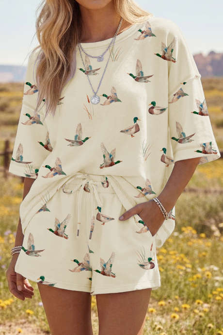 Beige Stokkand-trykk Oversized T-skjorte med snøring Shorts-sett