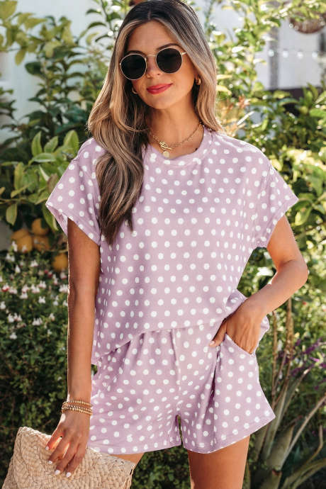Maikling Set na Lila at Polka Dot na May Print
