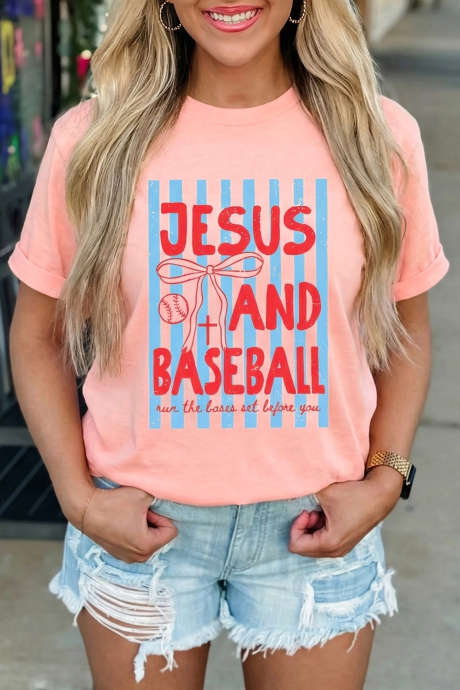 Pink JESUS AND BASEBALL Coquette Striped Print T Shirt