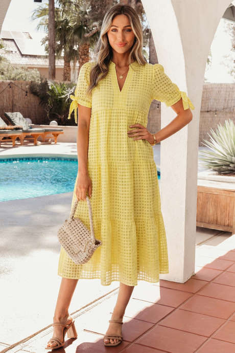 Yellow Gingham Textured Bow Tie Short Sleeve Tiered Midi Dress